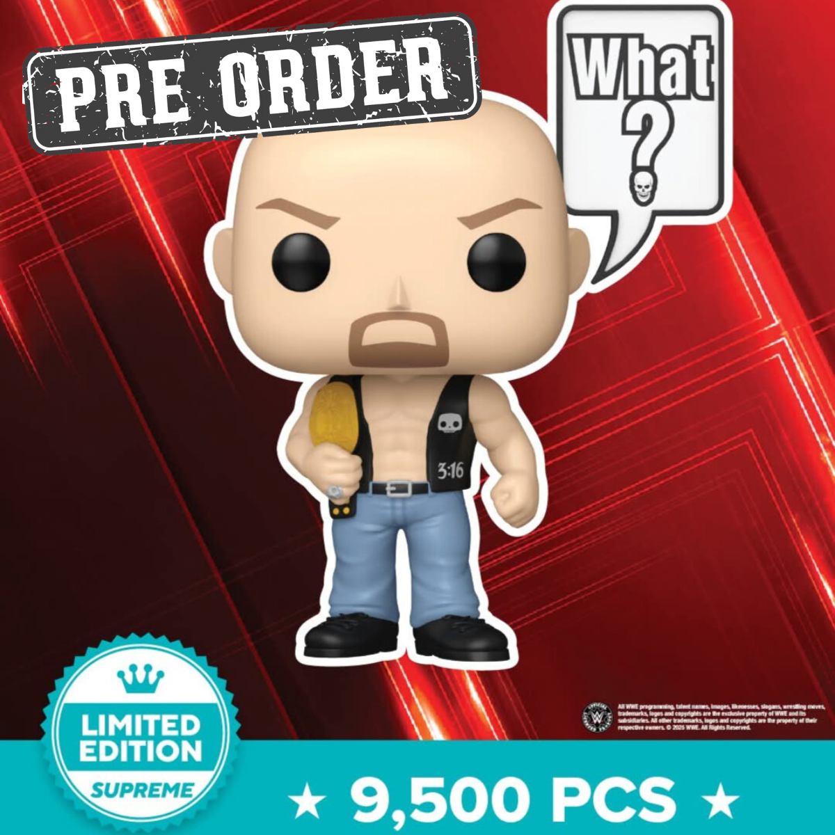 Stone Cold Steve Austin (What?) Pop! Sayings Funko Pop! Vinyl Figure #185 – Entertainment Earth Exclusive Supreme Limited Edition (9,500 Pieces) | WWE